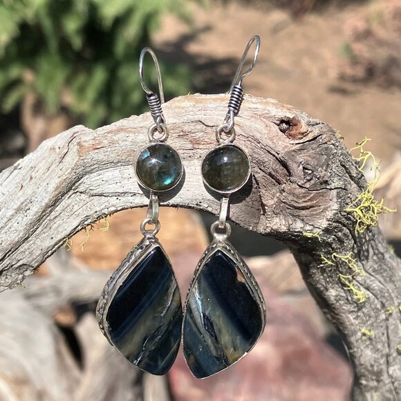 Labradorite and Blue Tigers Eye Hawk Eye Earrings Stone Crystal Jewelry - Picture 4 of 11